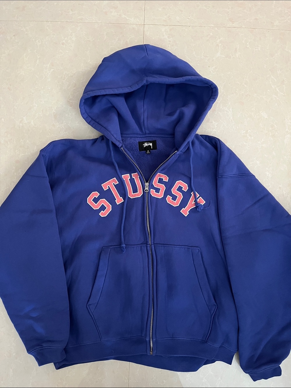 Stussy Royal Blue Zip Hoodie with Pink Logo